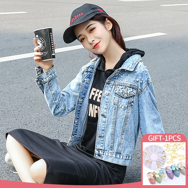 

Женская джинсовая куртка с жемчужинами, Повседневная Свободная куртка с длинными рукавами, короткими лацканами и пуговицами, Новинка осени...