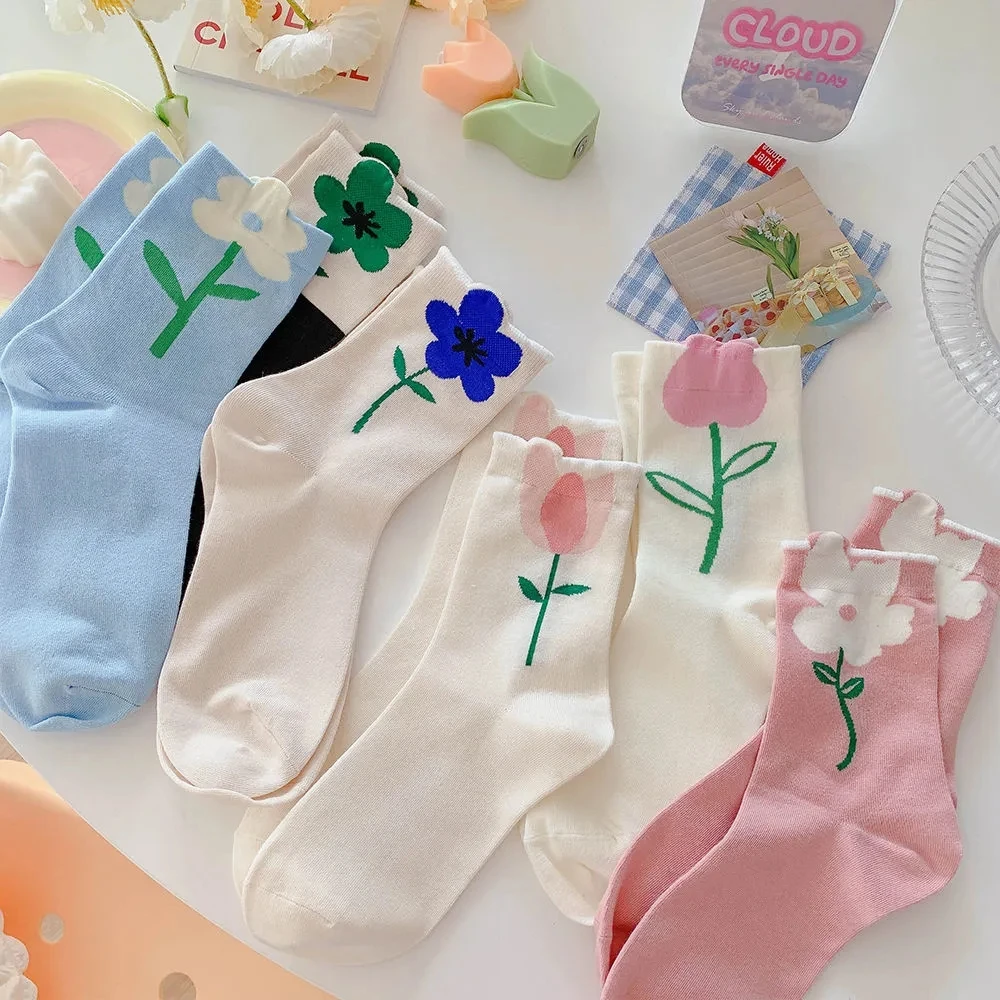 Yasuk Spring Summer Women's Fashion Sleep Solid Cute Lace Flower Casual Comfortable Heigh Tube Stocking Pile Loose Socks 6Pcs