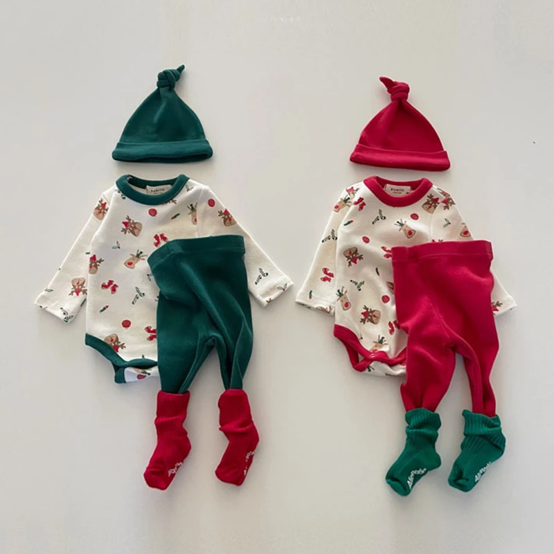 

Newborn Baby Boy Home Wear Set Autumn Winter Christmas Fawn Sock Print Romper Pants Suit for Infants Cotton Kids Girls Clothes