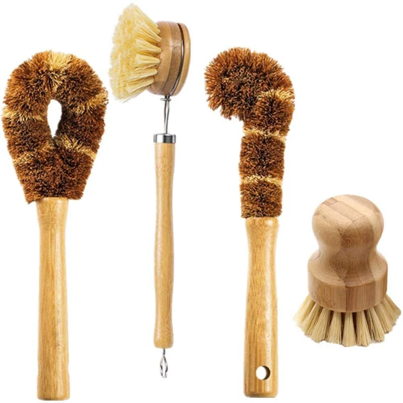 

4-Piece Kitchen Cleaning Brush With Bamboo Handle For Tableware Bottles, Vegetable Pan Cleaning, Sisal And Coconut Fiber