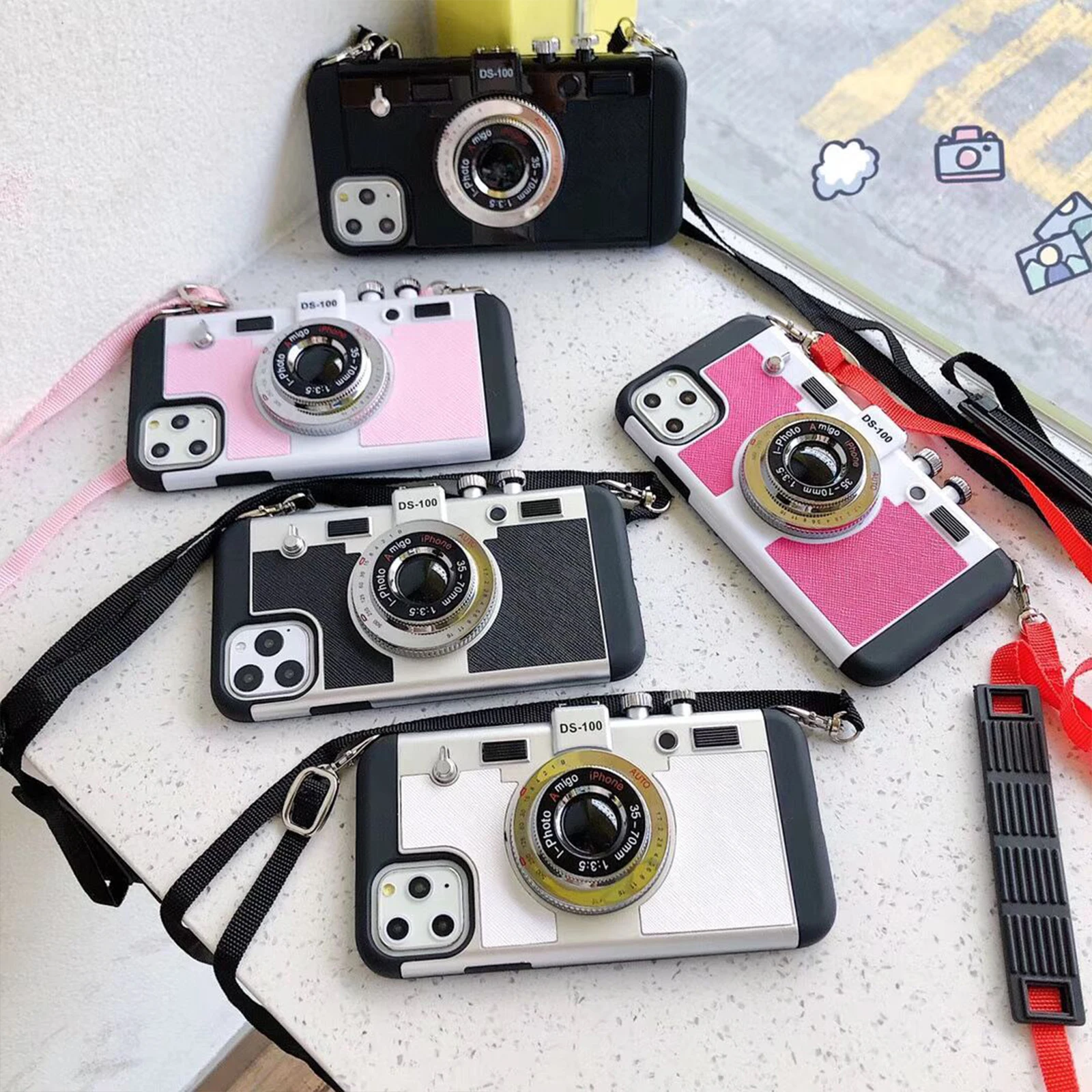 Retro Camera Phone Case for iPhone 14 Pro Max Plus 5G Soft TPU Case with Lanyard Shockproof Phone Case Protection Cover
