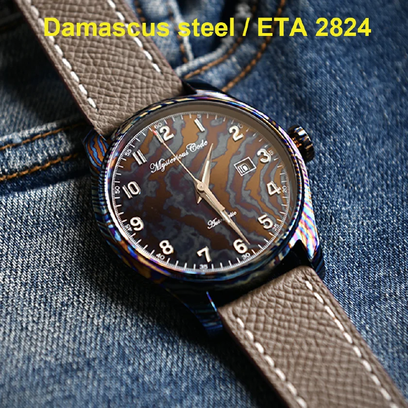 

ETA 2824 Automatic Watch Men Limited Edition Damascus Steel Watches Pilot 43mm Luxury Mechanical Wristwatches Mysterious Code