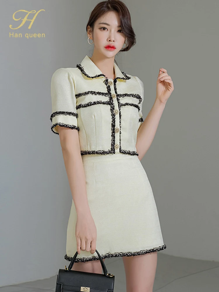 

H Han Queen Women Skirt Suit 2022 Summer Work Wear 2 Pieces Set patchwork shirt & Sheath A-Line Skirt Elegant Casual Office Sets