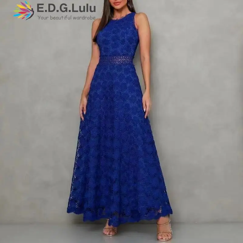 

EDGLuLu Fashion O-neck Sleeveless Elegant Lace Embroidered Flowers Dress Elegant Party Pink Green Blue Birthday Dress 0602