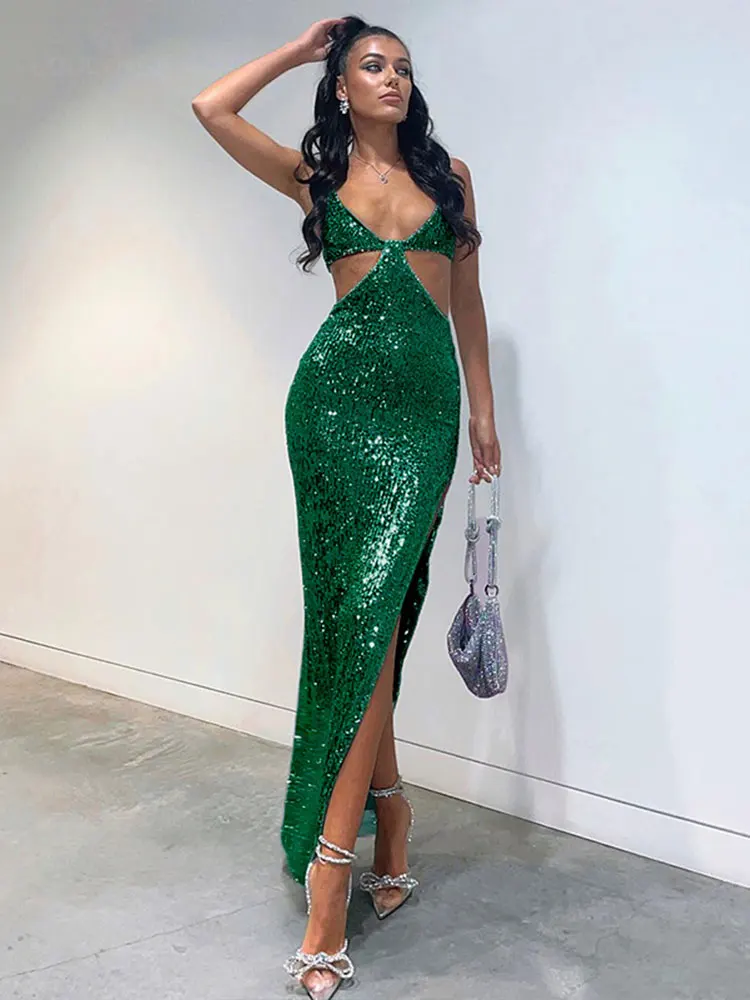 

Женское ажурное платье с блестками, длинное облегающее платье с глубоким V-образным вырезом, элегантное платье с высокой талией и разрезом на подоле, модель A2168 на лето, 2023