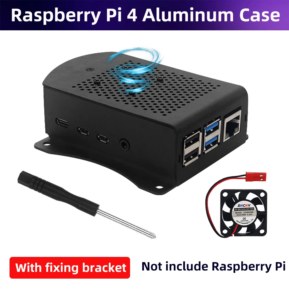 Фото Чехол для Raspberry Pi 4 из алюминиевого сплава, футляр с подвесным кронштейном, поддержка вентилятора охлаждения, отвертка для Raspberry Pi 4, Модель B №1