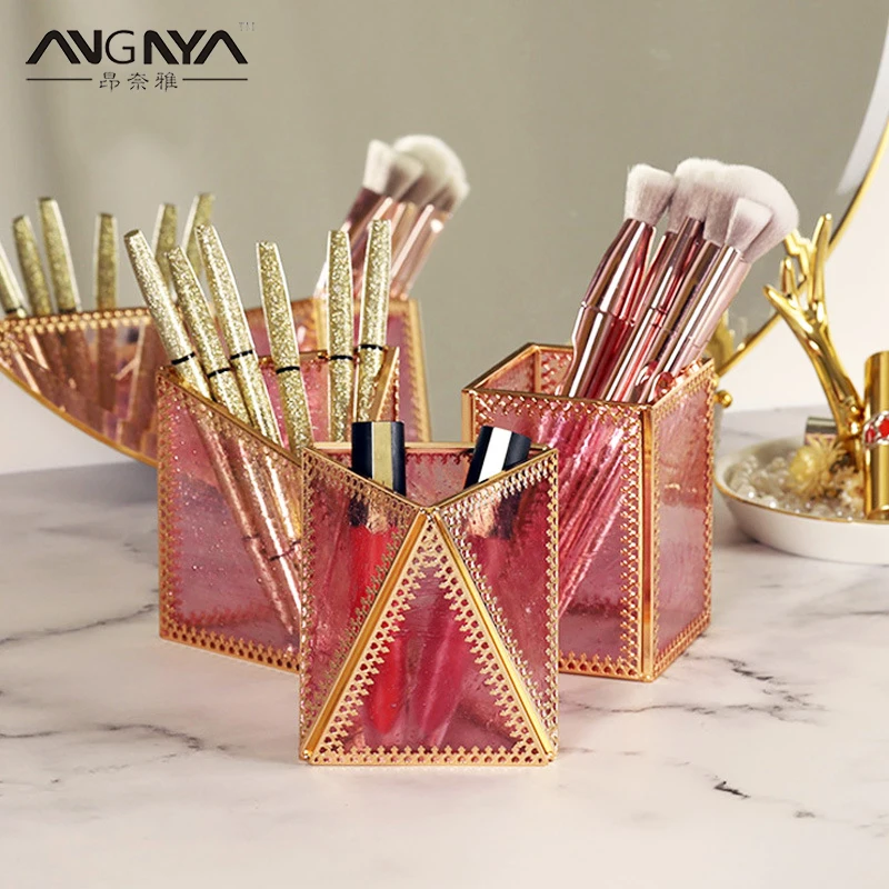 

ANGNYA Fashion Women Pink Crystal Glass Makeup Organizer Storage Box Eyebrow Pencil Lipstick Holder Makeup Brush Polygon Holder