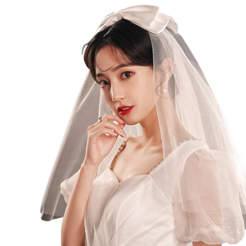 

U90E Wedding Bridal Veil Multi Layer with Ribbon Bowknot Decoration for Brides