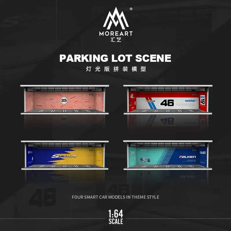 

More Art 1:64 Diorama display box parking lot Datsun Spoon PinkPig Falken by Time Micro