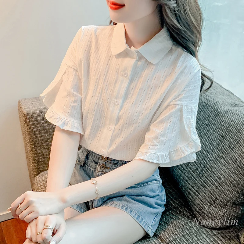 

2022 Half Sleeve White Chiffon Shirt Women's Clothing Summer Autumn New Top All-Match Blouses Femme