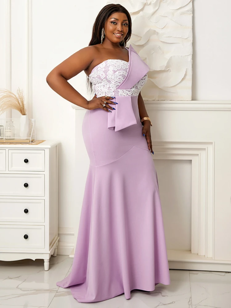 

Light Purple Long Prom Dresses Women Elegant One Shoulder Spaghtti Strap Lace Patchwork Evening Event Occasion Outfits 4XL