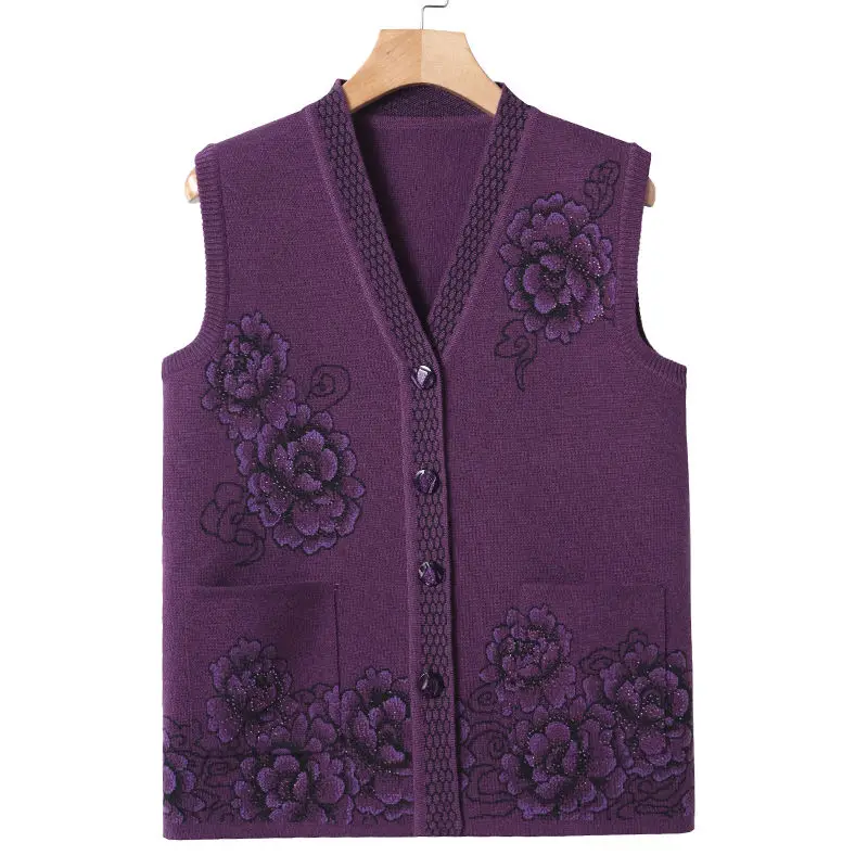 Single Breasted Women's Knit Waistcoat Jacket Fashion Floral Sweater Sleeveless Coat Plus Size With Pocket Grandma Vest Outwear