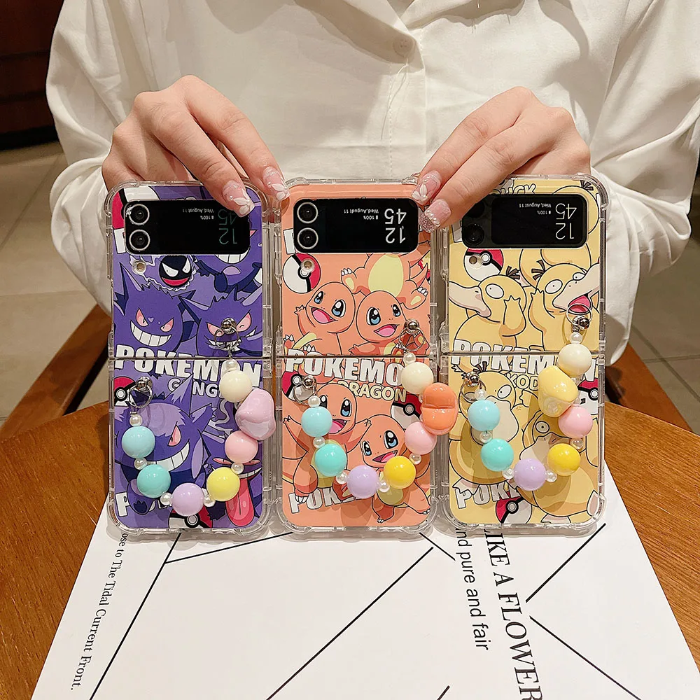

Cartoon Pokémons Gengars Charmanders with Lanyard Phone Case For Samsung Galaxy ZFlip 3 ZFlip 4 5G Fold Anti-fall Back Cover