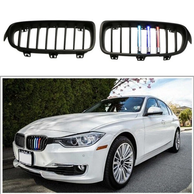 

2pcs Car Horizontal Front Mid-net Grille LED Lighted Gloss Black ABS Single Line Bar Grille For BMW 3 Series F30 F35 2012-2020