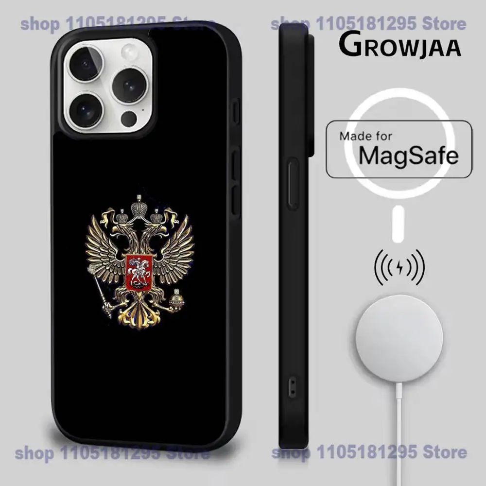 Фото Чехол для телефона с национальным гербом России для iPhone 17,16,15,14,13,12,11,Pro,Max,Plus,Mini,SE4,E Magsafe с беспроводной зарядкой №2