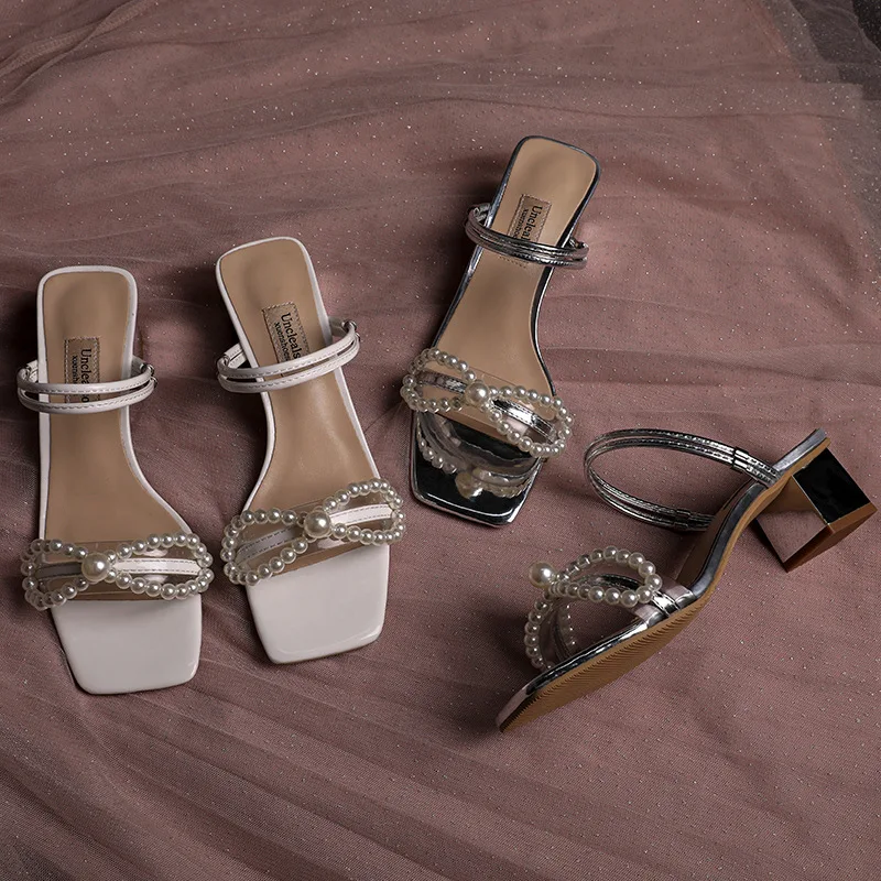 

2021 new net red line with fairy style thick heel sandals, female bow and pearl, two high-heeled female slippers