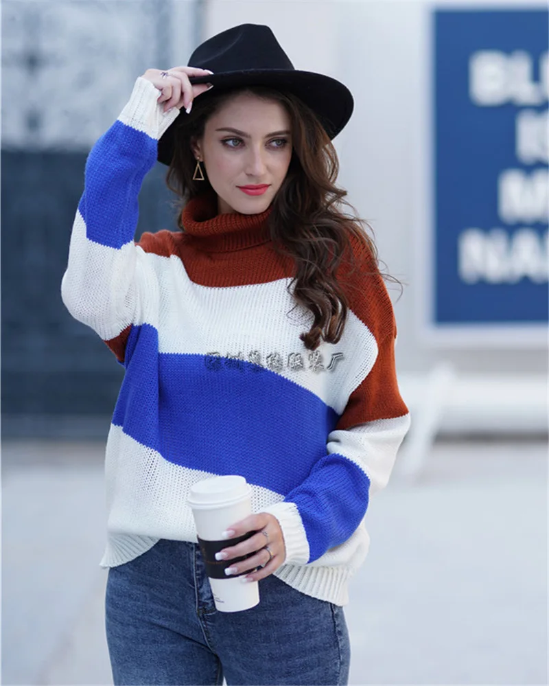 Women Autumn Winter Sweater New Knitwear Fashionable Loose High Collar Striped Pullover
