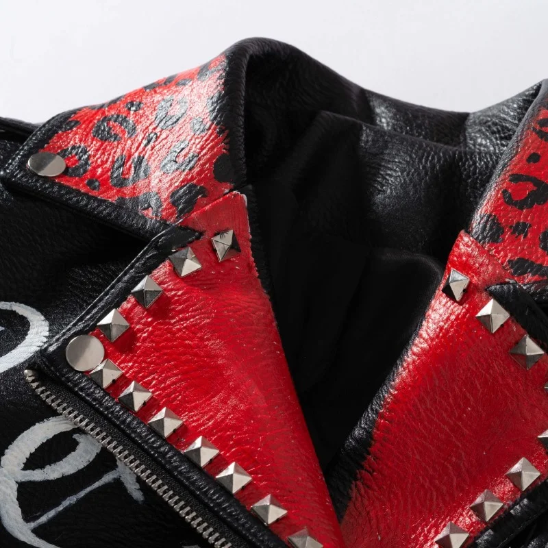 Punk Studded Leather Jacket Women 2023 Trend Slim-fit Short Fashion Streetwear Contrast Printed Faux Leather Biker Jacket