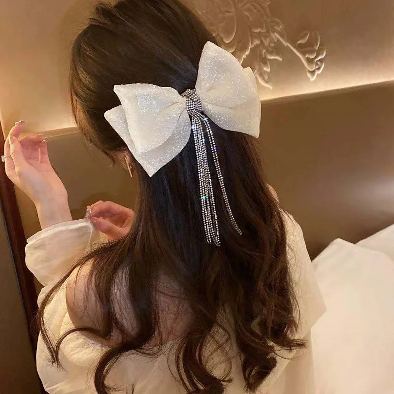 

Crystal Rhinestone Fabric Bow Hairpin Jewelry for Women Girls Chain Long Tassel Hair Bows Clip Hairgrip Korean Hair Accessories