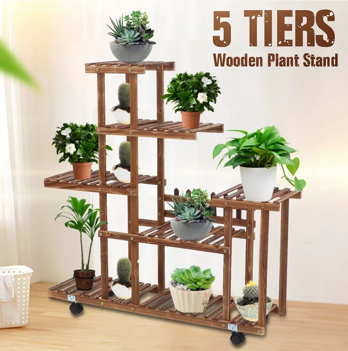 

5 Tier Bamboo 12 Potted Plant Stand Rack Multiple Flower Pot Holder Shelf Indoor Outdoor Planter Display Shelving Unit for Patio