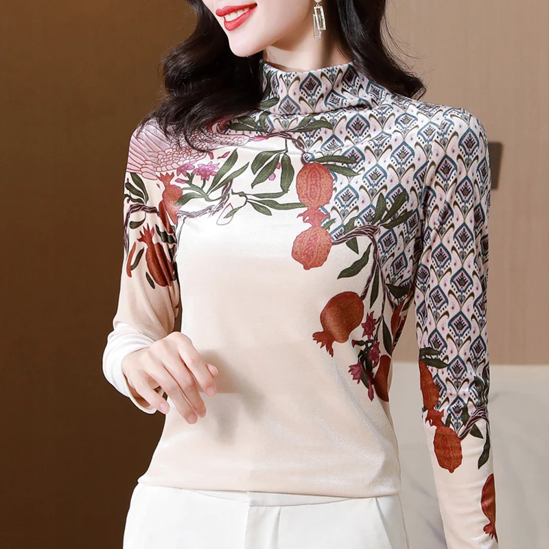

Элегантная золотистая бархатная нижняя рубашка с цветочным принтом, Зимняя Блузка с полувысоким воротником, топы, женская одежда с длинным рукавом
