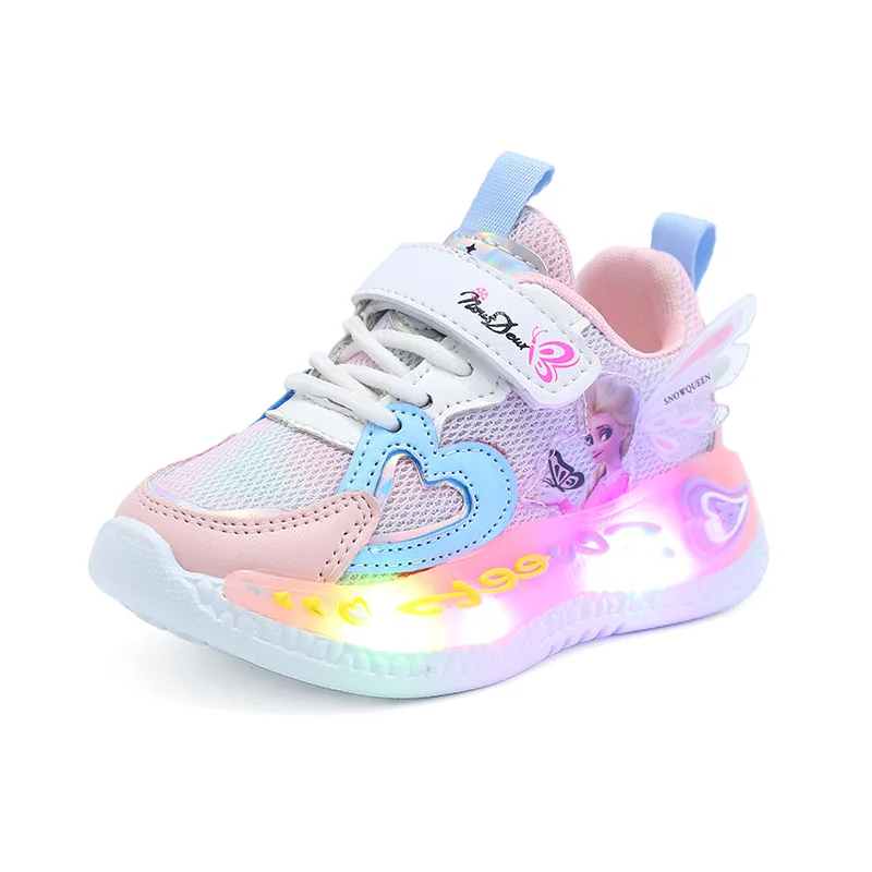 

Disney New Kids Sneakers Soft Soled Frozen Elsa Light Shoes Girls Mesh Spring and Autumn Breathable Cartoon LED Kids Shoes