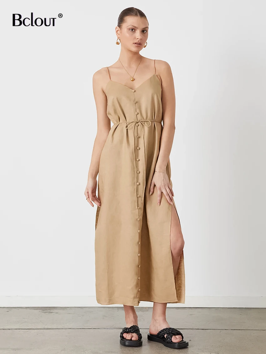 

Bclout Summer Brown Linen Dress Women 2023 Vacation Spaghetti Strap Slit Long Dresses Fashion V-Neck Lace-Up A-Line Sexy Dresses