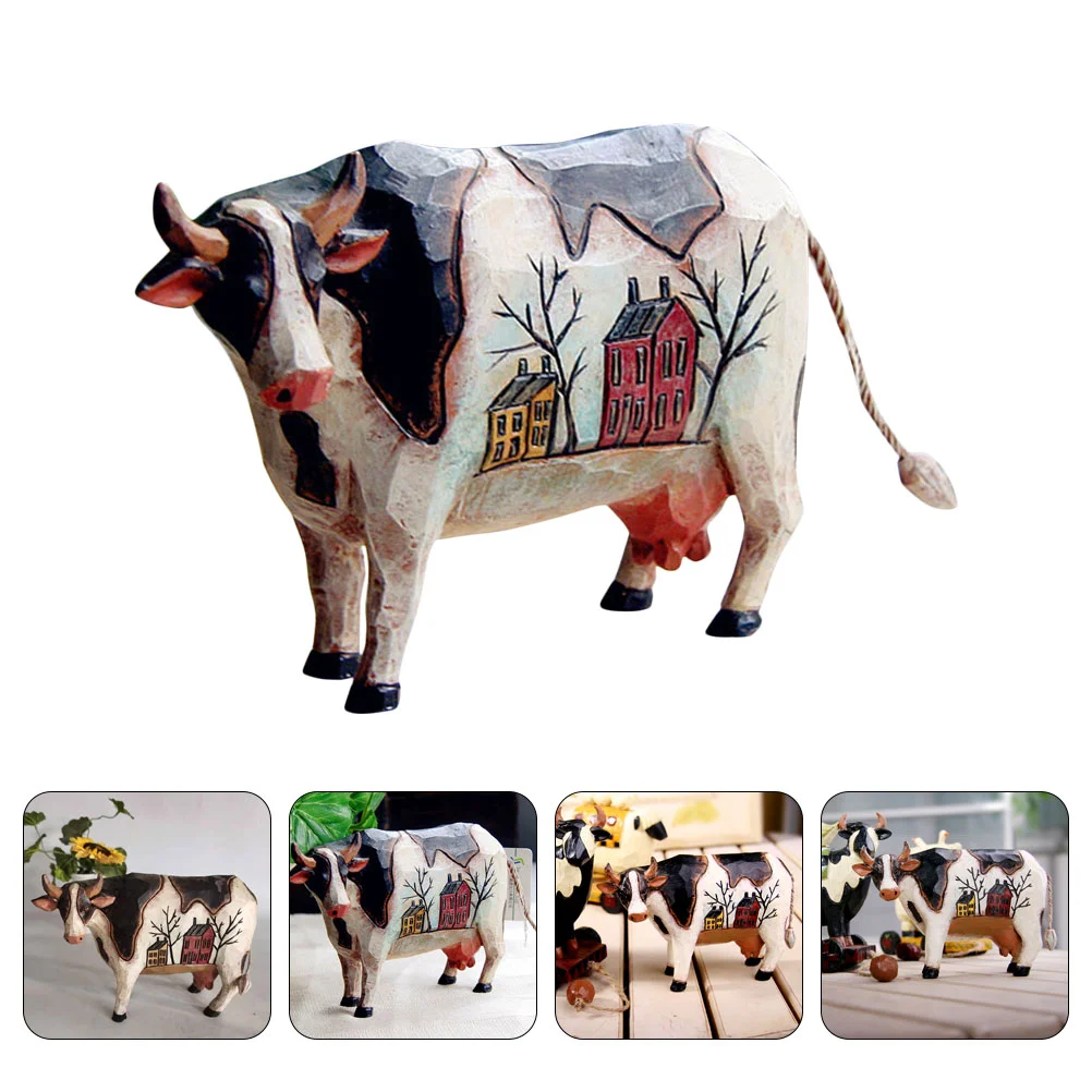 

Cow Animal Farm Statue Figurine Sculpture Figure Farmhouse Wooden Cattle Decor Rustic Figurines Carving Toy Lucky Charms Shui