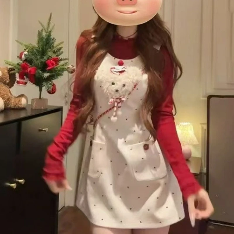 Фото Японские комплекты в стиле Sweet Lolita из 2 предметов: милые красные вязаные топы и платья на бретельках с принтом в горошек и мультяшными собачками, кавайные облегающие наряды в стиле Y2K для женщин №4