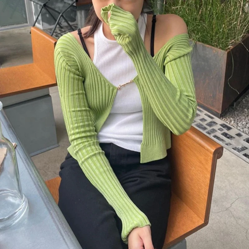 

Autumn New Fashion Classic Brand Casual Versatile Jennie Knitted Long Sleeve Cardigan Women Vintage Two-piece Suit Green Sweater