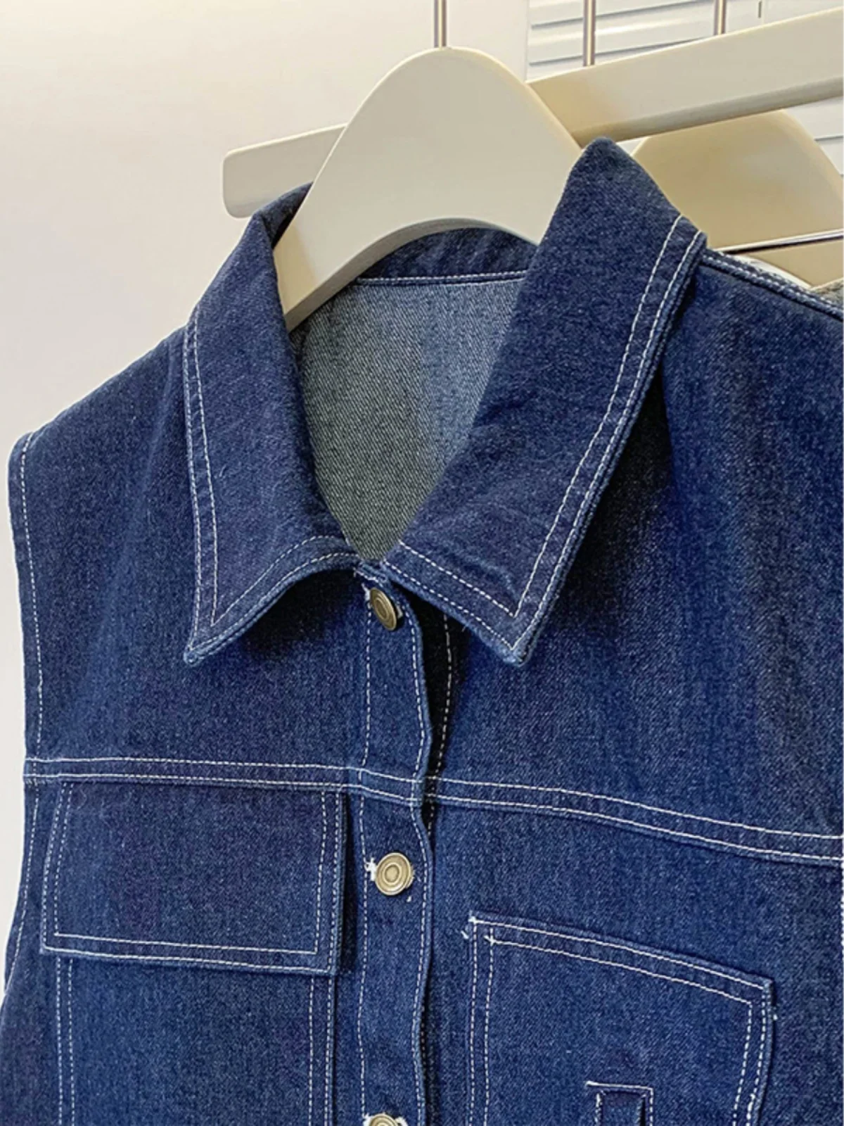 Hong Kong Flavor Retro Fashion Stacked Outdoor Denim Vest Women Autumn and Winter New Western Sle Age-Reducing Polo Collar ...