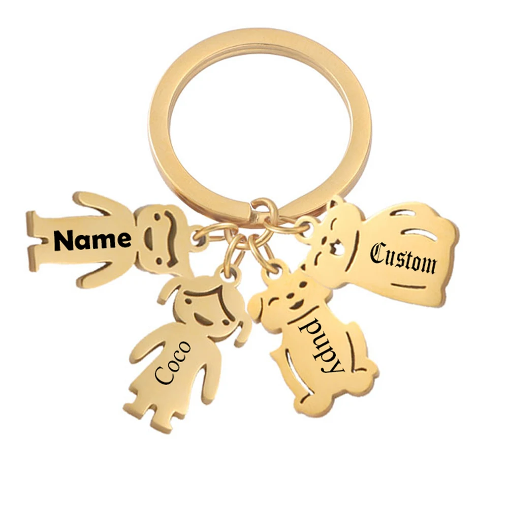 Stainless Steel Boy Girl Kids Cat Dog Pendant Personalized Key Ring Women Child Engraved Name Date Keychain Family Jewelry Gift