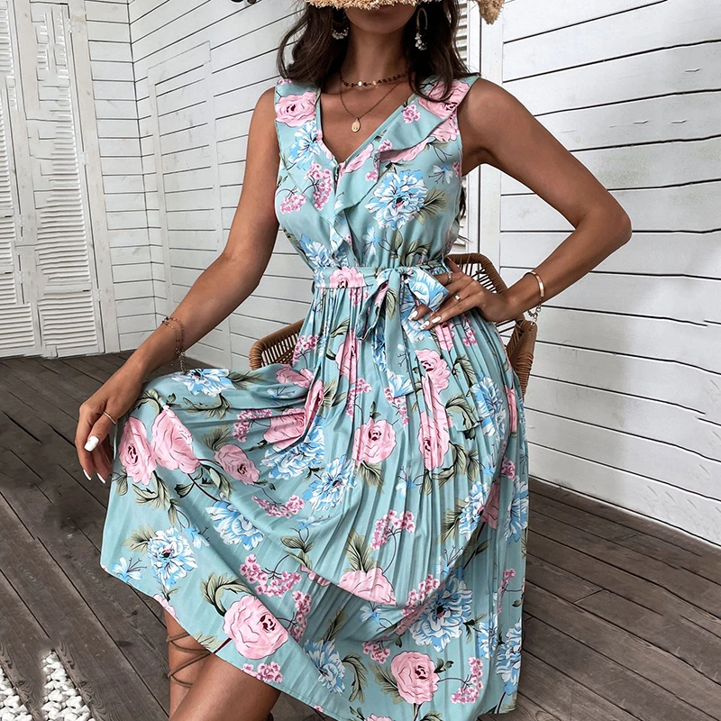 

Женское плиссированное платье-трапеция, Длинные Платья с цветочным принтом, оборками, V-образным вырезом и открытой спиной, Новинка лета 2022