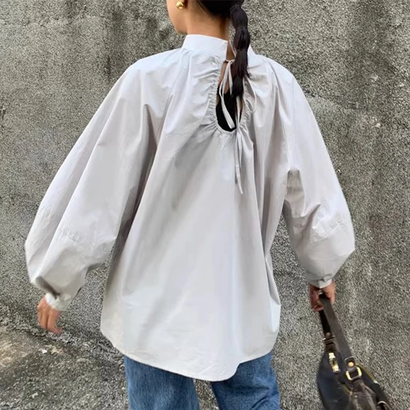 Рубашки и блузки с вырезами на спине со стоячим воротником шнуровке женская