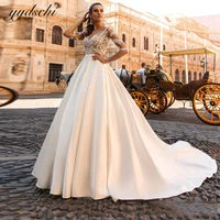 elegant a line o neck half sleeves long satin pleated wedding dresses lace appliques bridal gowns illusion with court train 2022
