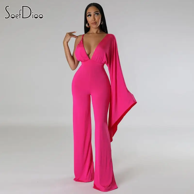 

Soefdioo Sexy Deep V-Neck One Long Clock Sleeve Backless Wide Leg Jumpsuit Women 2023 Fashion Elegant Party One Piece Rompers