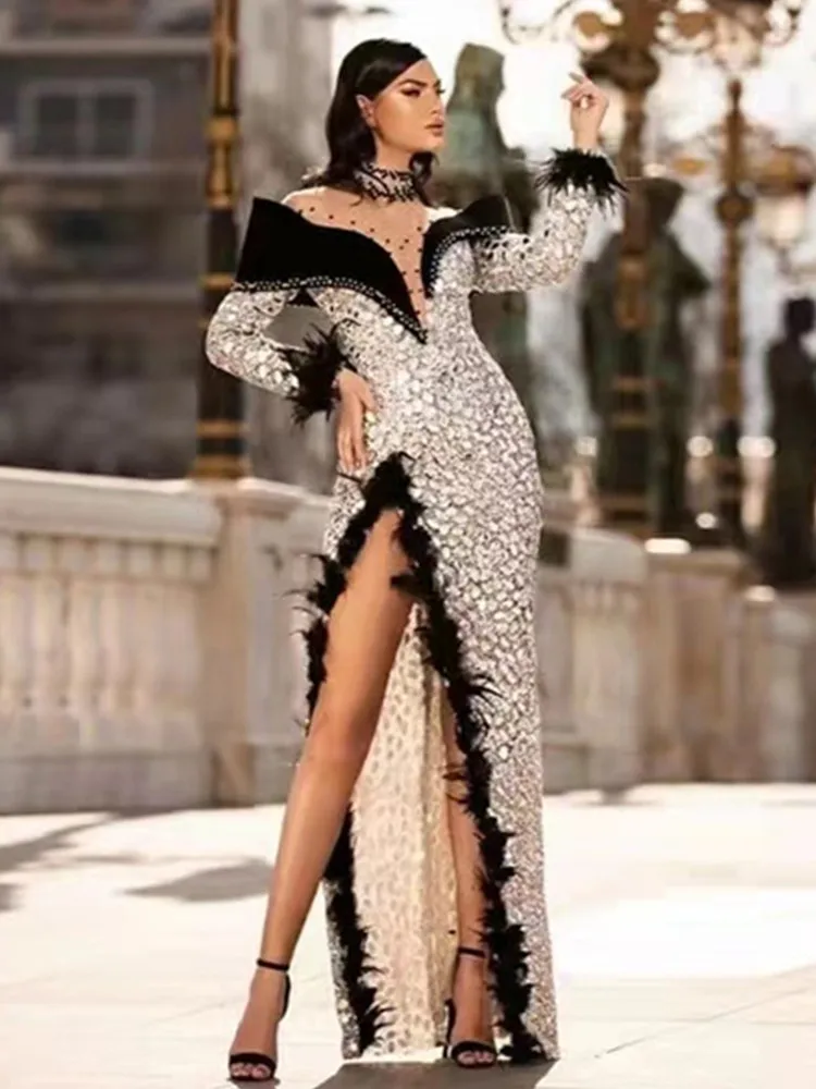 

2022 New Designer Fashion Luxury Prom Gowns Women Double Layer Pearl Diamonds Sequined Black Feather Maxi Long Party Dresses