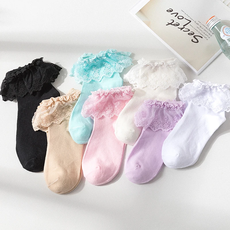 Lolita Frilly Socks Ruffle Princess Cotton Ankle Socks Ladies Girl's Lace Soft Comfortable Candy Color Middle Tube Hoseiry