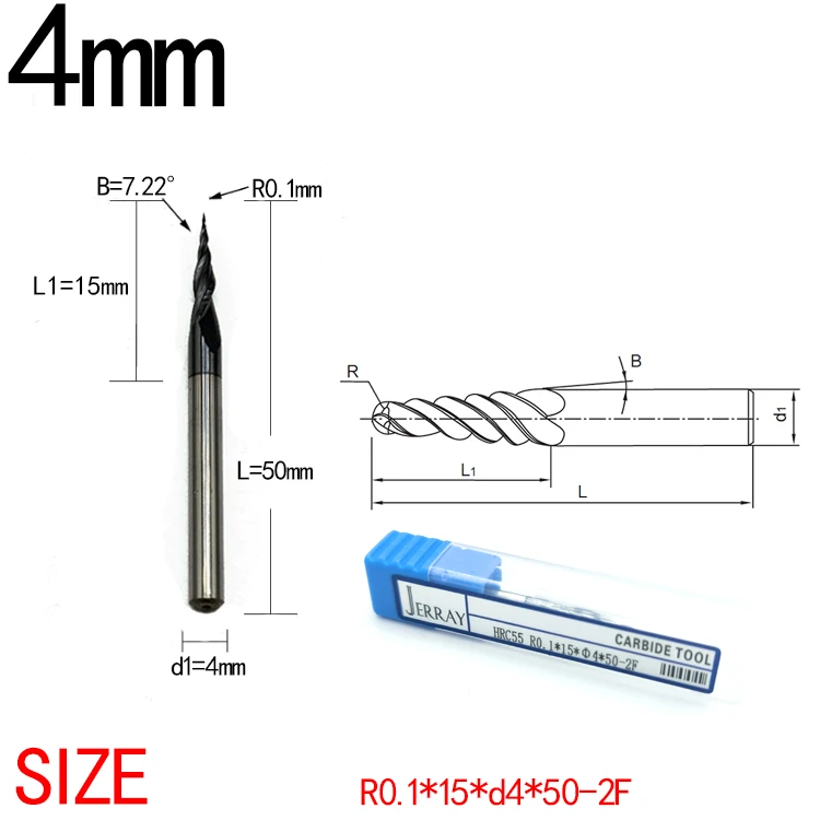 

R0,1 мм с хвостовиком 3,175 мм, 4 мм, 2 канавки HRC55, твердосплавные вольфрамовые конические сферические концевые фрезы и конусные фрезы
