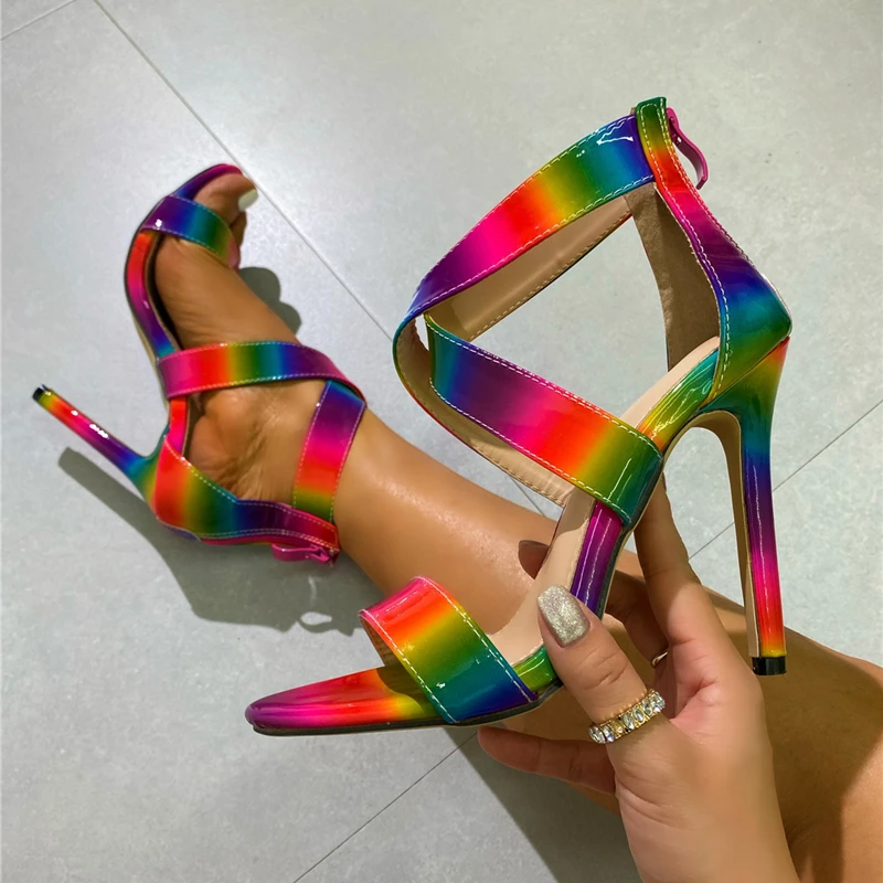 

New Women Sandals High Heels Pumps Shoes Mixed Color Cross Strap Buckle Designer Shoe for Woman Elegant Party Sandals Large Size