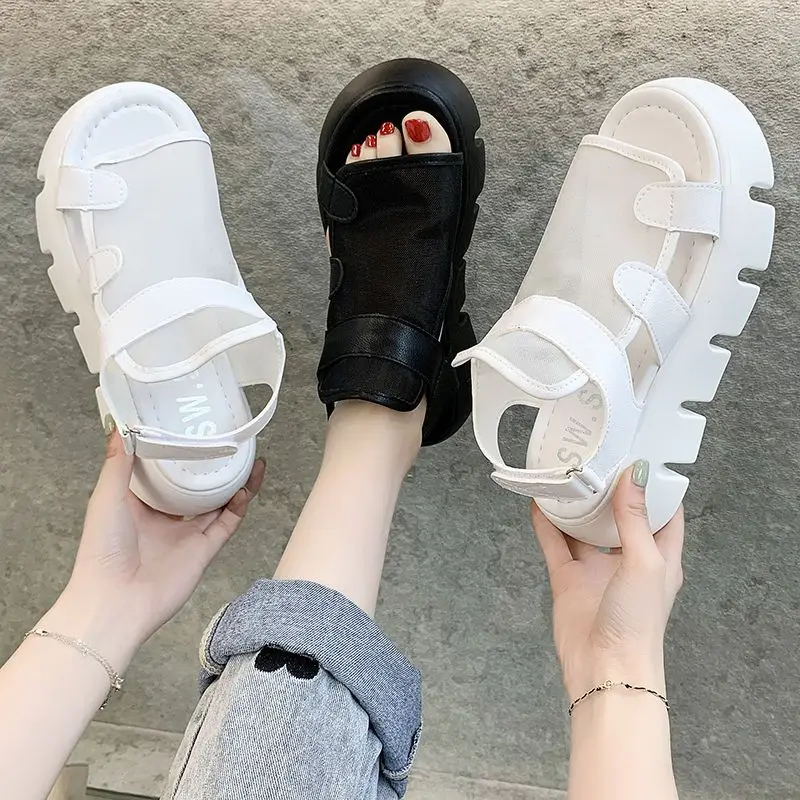 Summer New Fashion Matsuke Sandals Women's Thick Sole Hollow Breathable Mesh Roman Sandals Flat Bottom