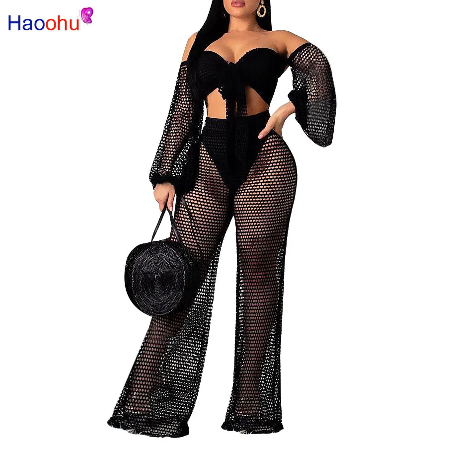 

Сексуальный клубный комплект HAOOHU из двух предметов, женская одежда, топ и брюки в сеточку, комплект из 2 предметов, прозрачные летние пляжные...