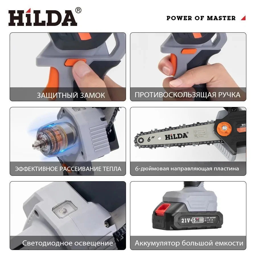 HILDA 6-дюймовая 21 В мини-бензопила Беспроводная перезаряжаемая ручная маленькая