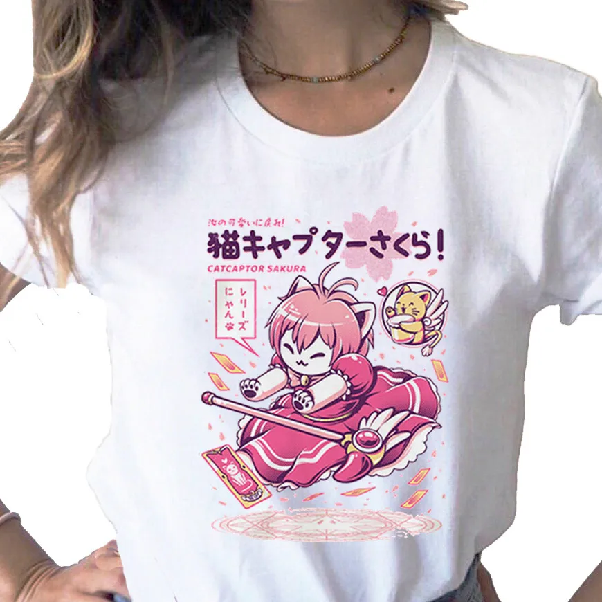 

Kawaii Card Captor Sakura Magic Girl print ladies T-shirt casual basis O-collar white shirt short sleeve Pink T-shirt,Drop Ship