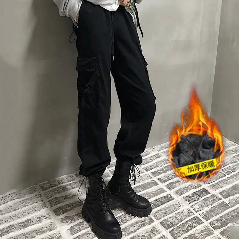 

Women Streetwear Solid Color Pockets Autumn Winter Elastic Waist Ankle Tied Thickened Pants Ankle-length Pants Woman Pants T465