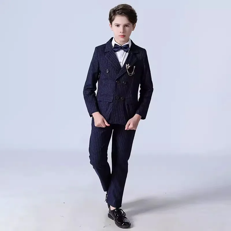 Детский двубортный пиджак в синюю полоску жилет и брюки платье-смокинг для