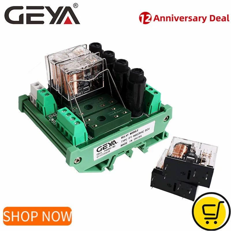

GEYA NGG2R 4Channel Relay Module Relay Board with Fuse Protection 1NO1NC 12V 24V AC/DC