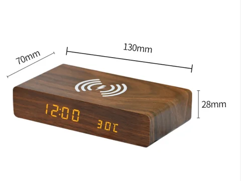 Цифровой будильник в тонах дерева со светодиодным дисплеем, беспроводная зарядка, время, температура, дата для спальни, квартиры, украшения дома