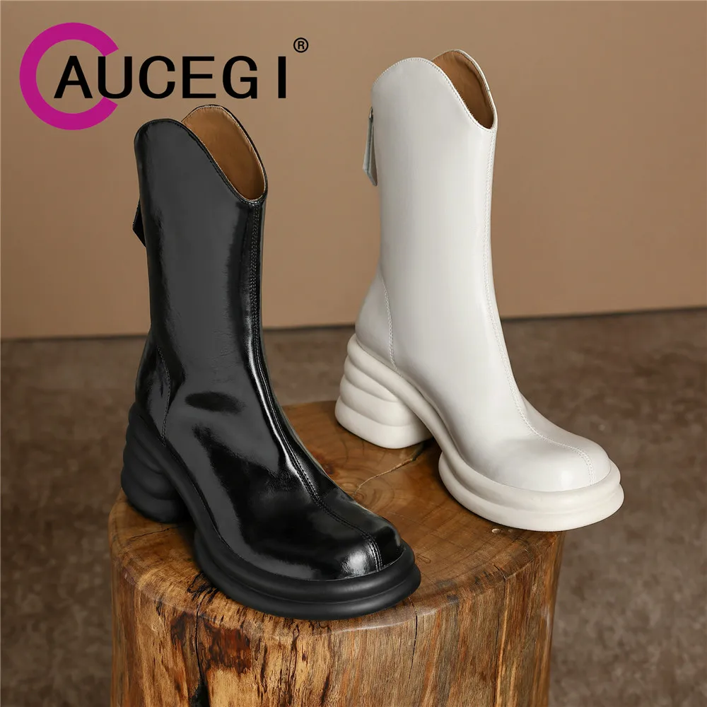 

Женские кожаные ботильоны Aucegi на платформе и массивном высоком каблуке, однотонные ботильоны с круглым носком и молнией сзади в стиле препп...