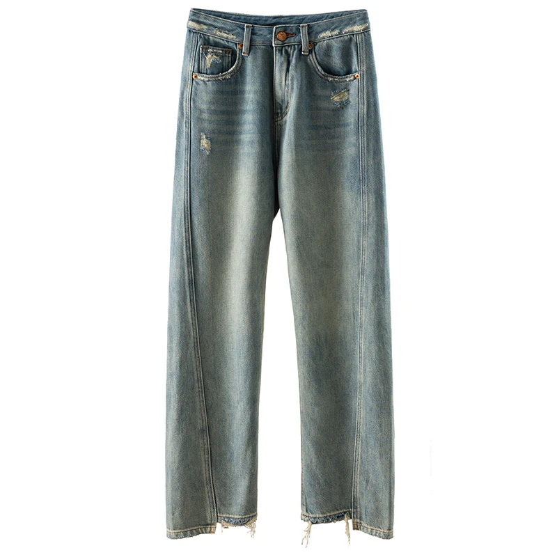 Spring 2023 Design Women Jeans  Full Length  HIGH Waist Do Old  Ripped LOOSE Streetwear Distressed Zipper Fly Streetwear Jeans